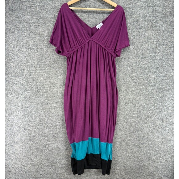Biaggi Dress Women L Large Purple Striped Sheath Midi V-Neck Short Sleeve Rayon - Picture 1 of 6
